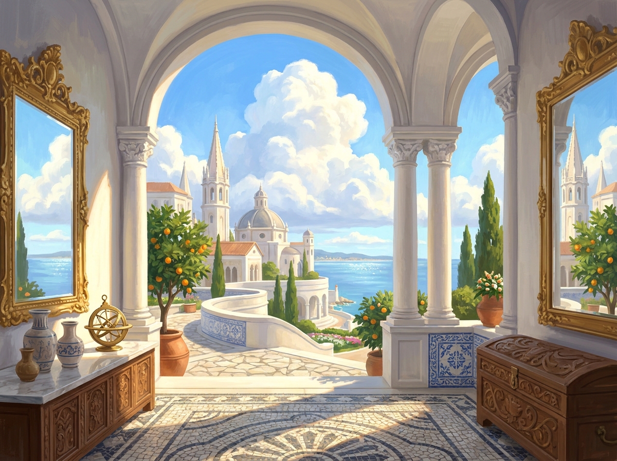 A sunlit colonnaded loggia with a gilded mirror, carved chest and ceramics, looking out on a white city.