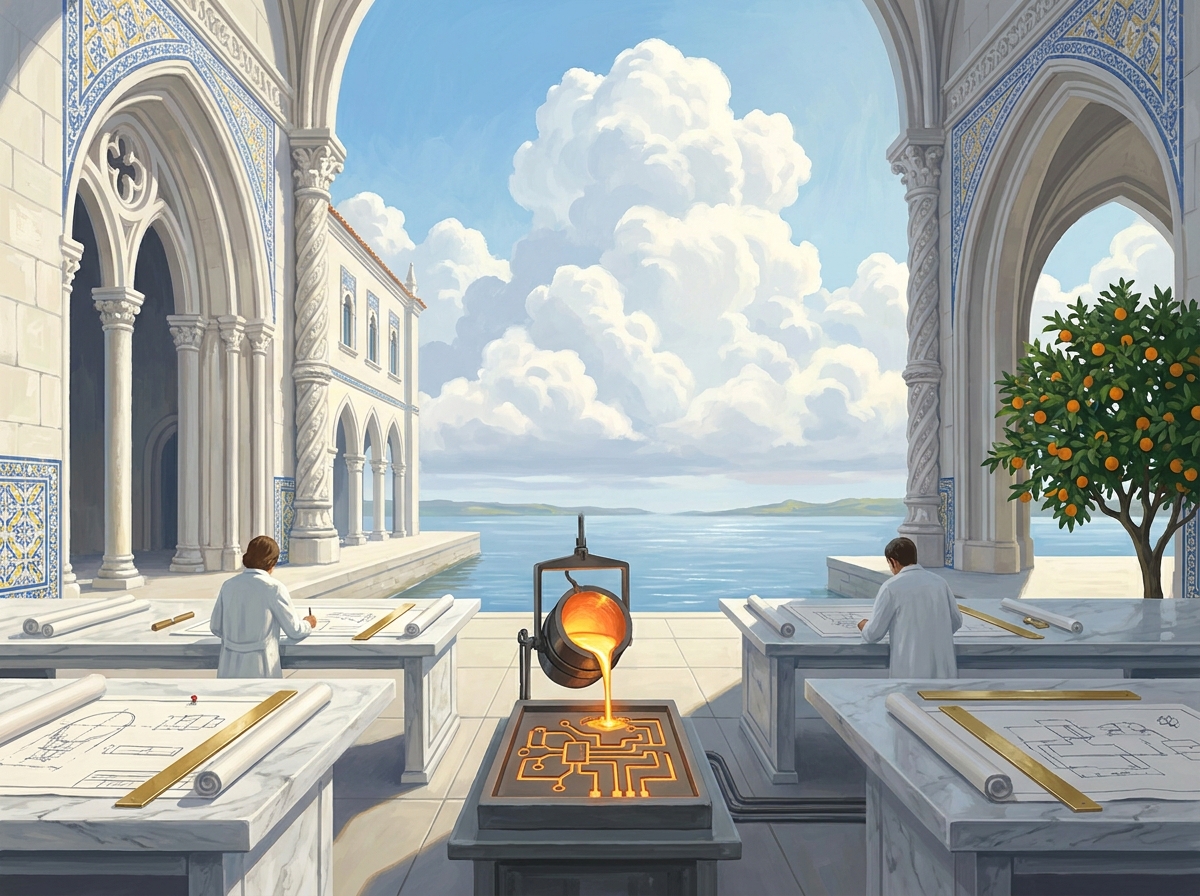 A white drafting hall in future Lisbon: marble tables with engineering drawings, a small crucible pouring molten light into a mold shaped like a circuit, the river through pointed arches.