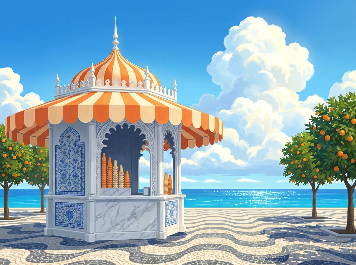 A white pavilion ice cream kiosk with an orange and cream canopy on a seaside promenade.