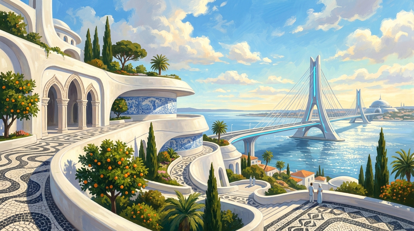 A painted future Lisbon: white terraces, orange trees and azulejo tiles above the Tagus and a glowing bridge.