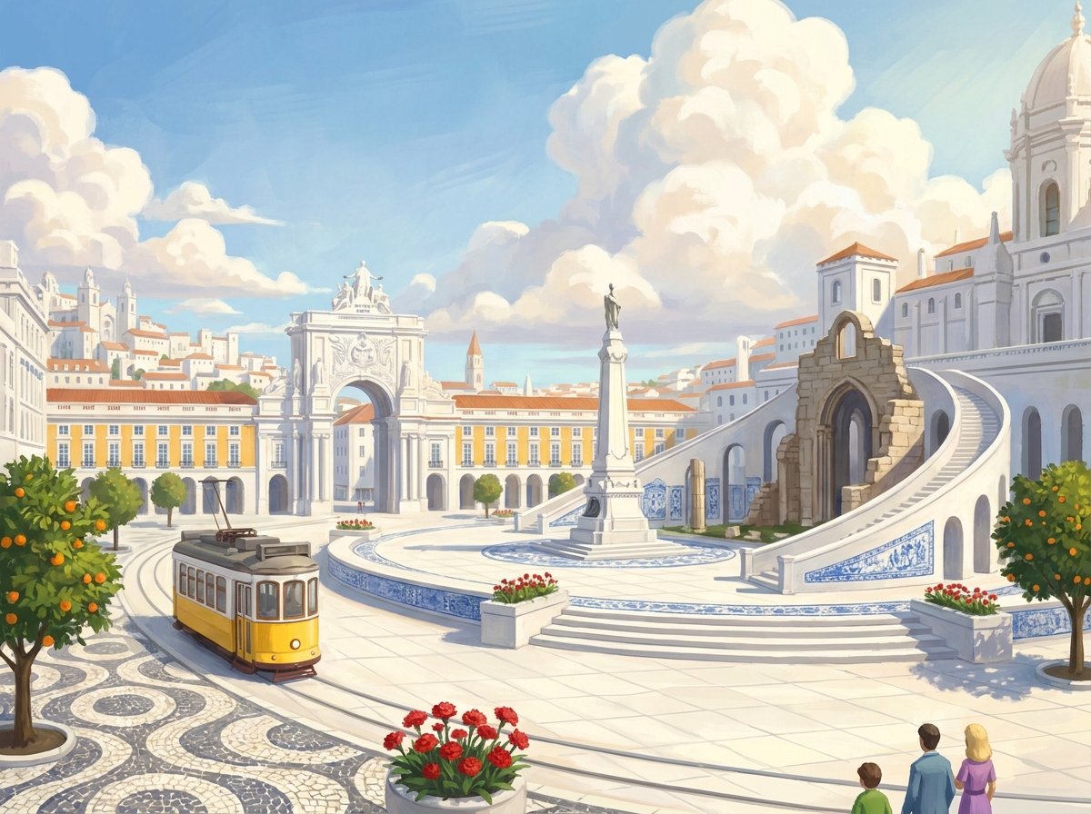 A grand white square with a triumphal arch, preserved ruins, a yellow tram and red carnations.