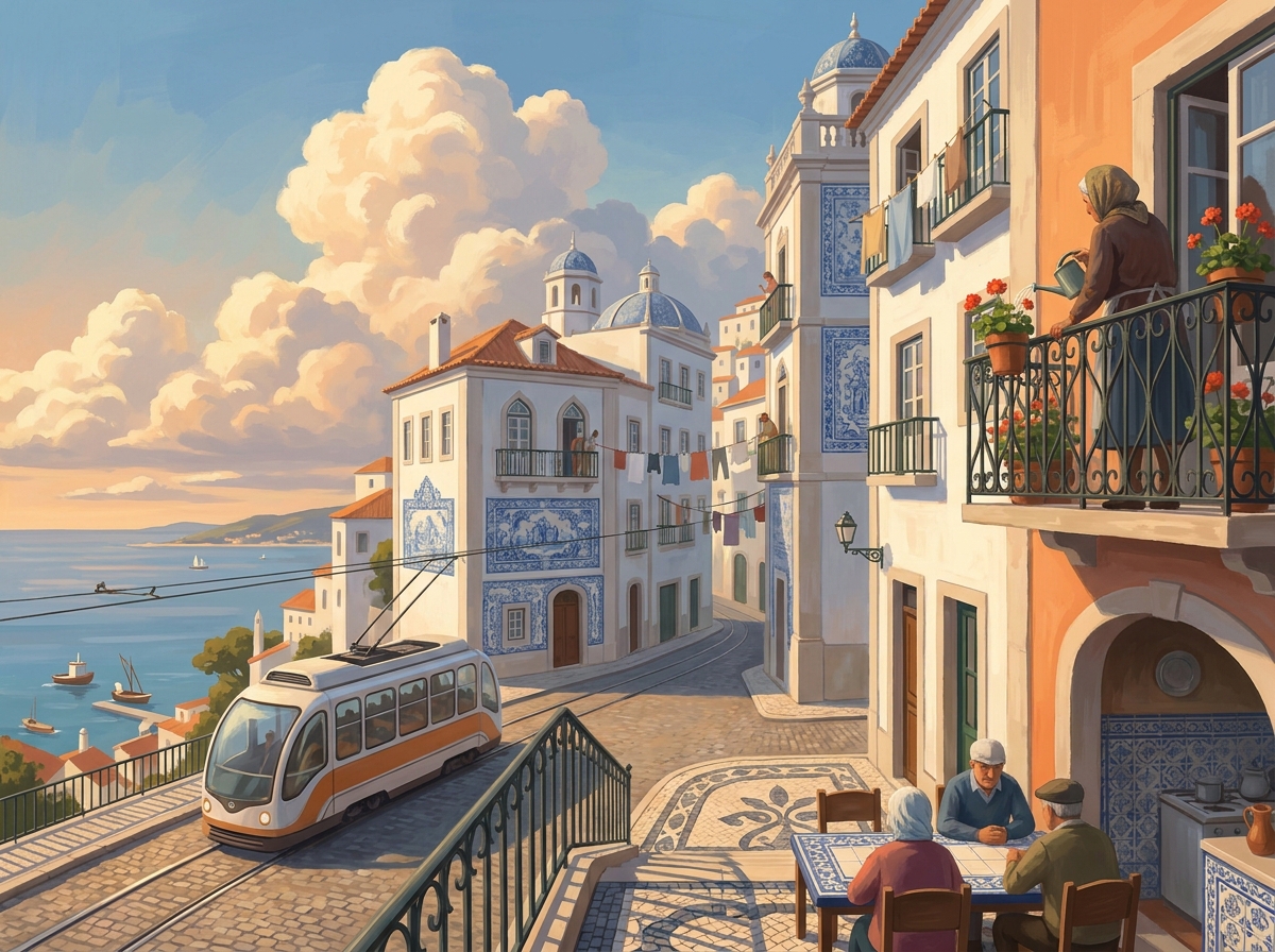 A narrow Alfama street at golden hour: laundry lines, a balcony of geraniums, neighbors at a tiled table, a tram, the river below.