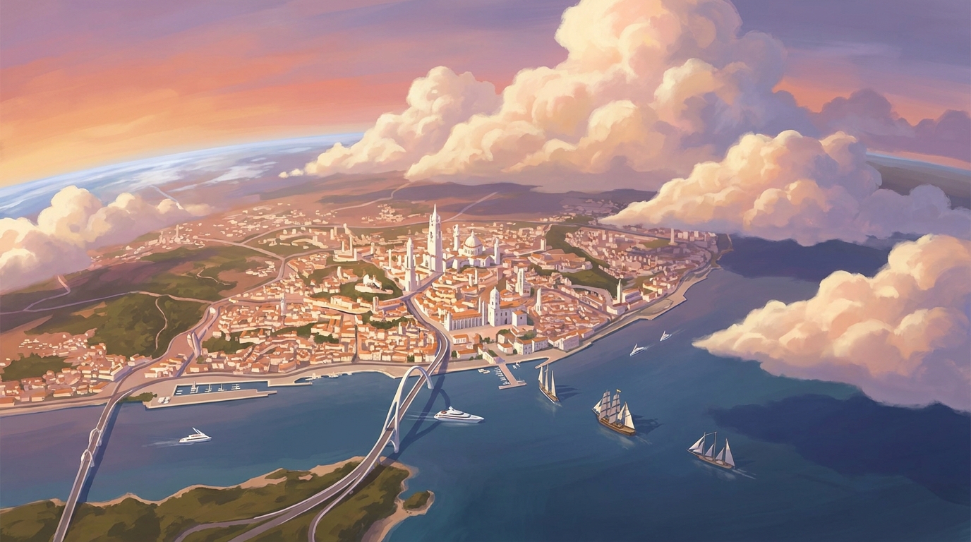 Painted aerial view of a future Lisbon on its hills, the Tagus opening to the Atlantic under bright clouds.