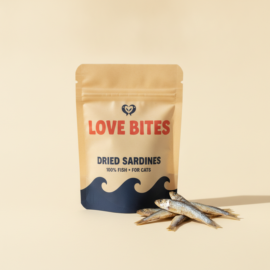 Working Love Bites dried sardine cat-treat packaging concept with whole sardines.