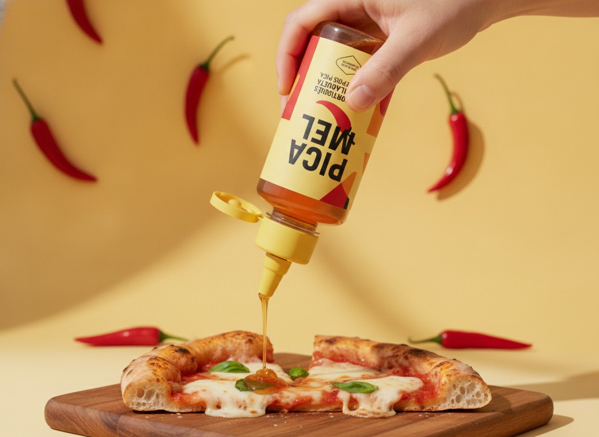 PICA MEL squeeze bottle pouring hot honey over a slice of margherita pizza.