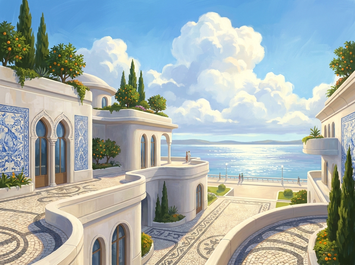 Painted white villas with azulejo panels and rooftop orange trees above the river.
