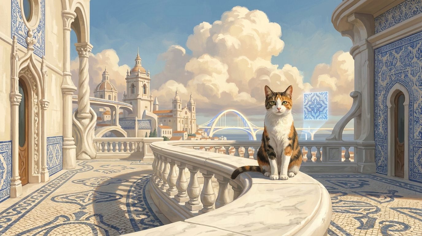 A calico cat sitting on a marble balustrade overlooking the future Lisbon skyline, a small holographic azulejo floating beside it.