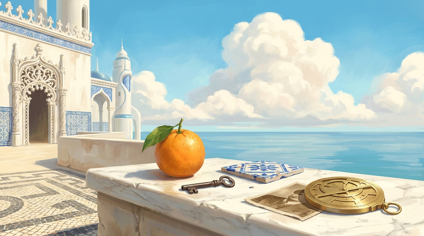 An orange, an old key, a chipped azulejo tile, a photograph and a brass astrolabe on a marble ledge above the sea.